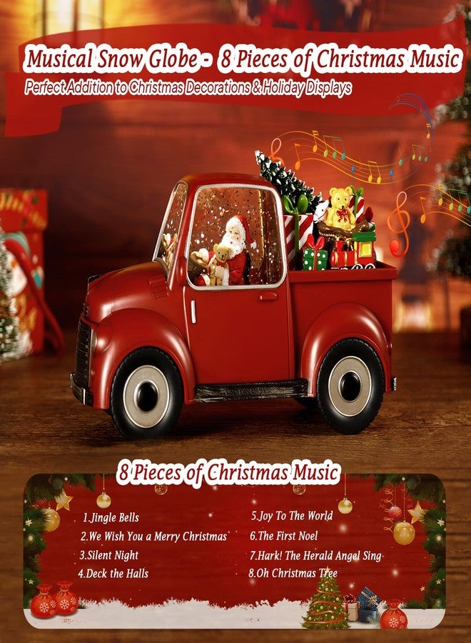 JEDAWN كرة ثلجية موسيقية على شكل شاحنة حمراء مع بريق متلألئ، مزينة بشخصية سانتا، وشجرة عيد الميلاد، وهدايا، ودب، وقطار صغير، وزينة عيد الميلاد. - Image 5